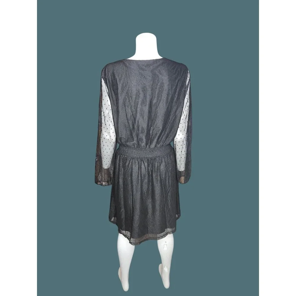 Danielrainn Black V Neck Polka Dot Sheer Long Sleeve Dress Women Large - Picture 6 of 11